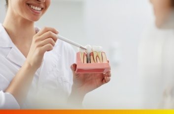 Dentist pointing to a dental implant model with a dental patient