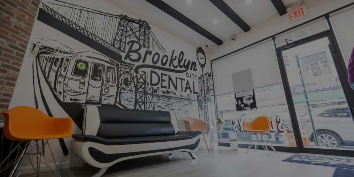 Dental themed mural on wall of waiting room in Brooklyn dental office